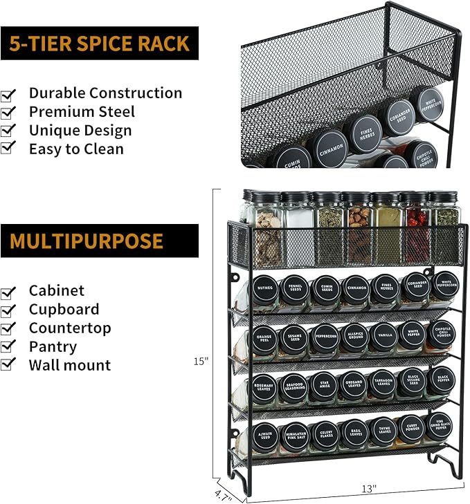Skiileor Spice Rack Organizer with 28 Spice Jars, Black Lids，Spice Labels, Chalk pen and Funnel Set for Cabinet, Countertop, Pantry, Cupboard or Wall Mount - Image 2