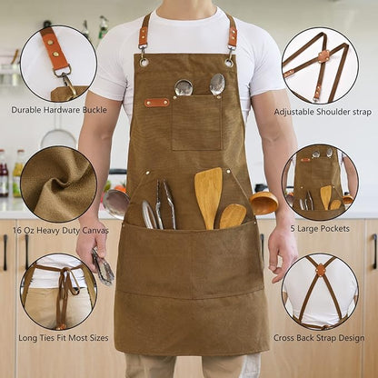 Aoomzoon Canvas Aprons for Men Chef Apron, Work Apron with Large Pockets - 16oz Heavy Duty Cross Back, BBQ, Cooking