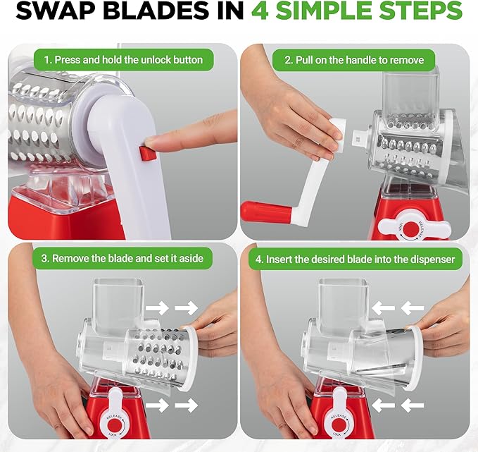 Nutrichef 3 in 1 Cheese Grater & Shredder | Strong Suction Base, Rotary Handle with Safety Lock | Includes Hand Crank & 3 Drum Blades for 3 Textures, Fine, Medium & Strips | Red - Image 3