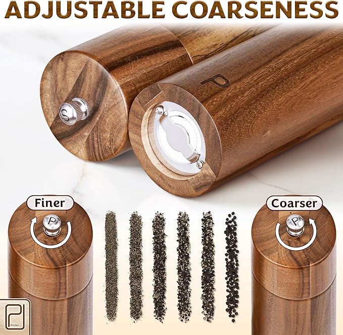 Premium Wooden Salt and Pepper Grinder Set - 28 g / 1 oz each, Acacia Solid Wood Mills - Refillable Coarse Grain Salt & Peppercorn Manual Twist Grinders - Modern or Rustic Home Table - by PJC-Kitchen - Image 6