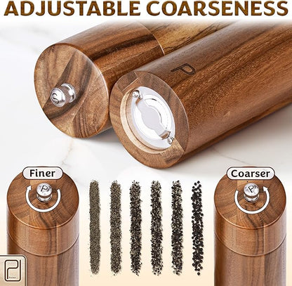 Premium Wooden Salt and Pepper Grinder Set - 28 g / 1 oz each, Acacia Solid Wood Mills - Refillable Coarse Grain Salt & Peppercorn Manual Twist Grinders - Modern or Rustic Home Table - by PJC-Kitchen - Image 6