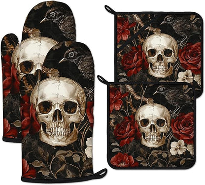 Halloween Skull Rose Crow Oven Mitts and Pot Holders Sets Heat Resistant 4Pcs Potholders Oven Gloves Hot Pads for Kitchen Baking Cooking Grilling BBQ