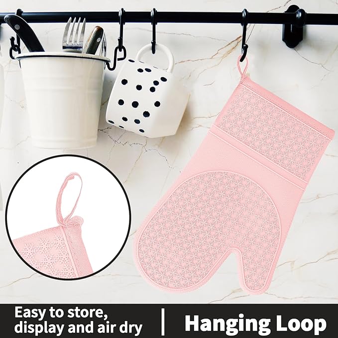 Hovico Silicone Oven Mitts, Heat Resistant 500F Kitchen Mitts 2PCS, 11.6" BPA-Free Soft Baking Gloves, Non-Slip Grip Oven Gloves with Soft Cotton Lining for Kitchen Cooking Baking BBQ - Pink - Image 6