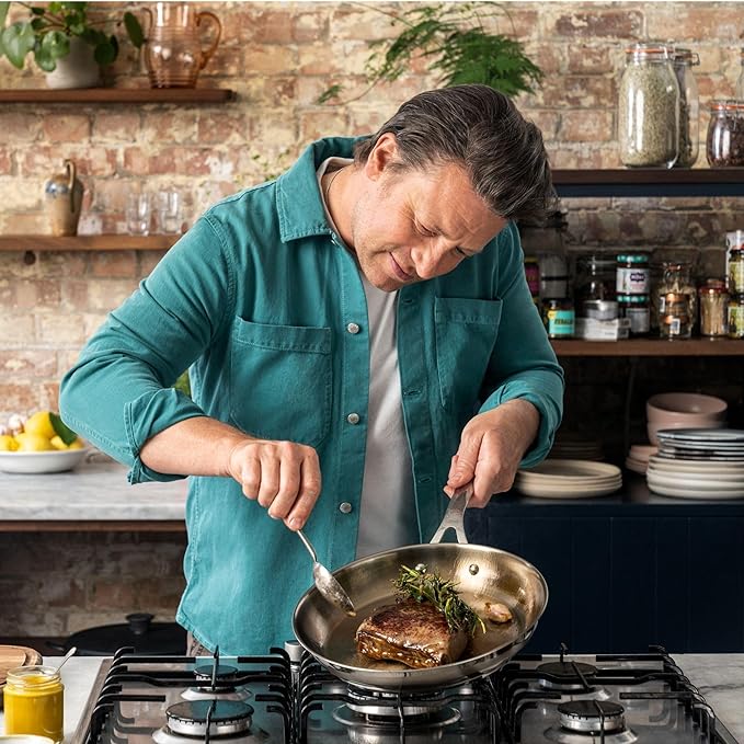 Jamie Oliver by T-fal Cook Smart 10-Piece Cookware Set, Uncoated Stainless Steel, Robust, Fast Heating, Even Cooking, Riveted Handle, Induction safe, Oven and dishwasher safe - Image 9