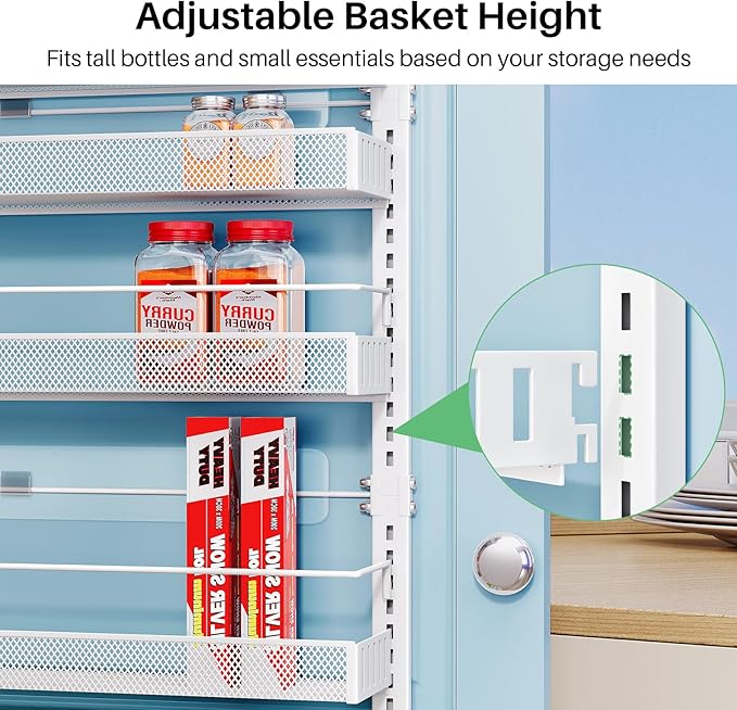 SNTD 8 Tiers Over the Door Organizer - Height Adjustable Pantry Organizers and Storage with Dense Mesh Baskets, Anti-Swing Hanging Door Spice Rack for Kitchen Bathroom (White, 17" W x 6" D x 69" H) - Image 3