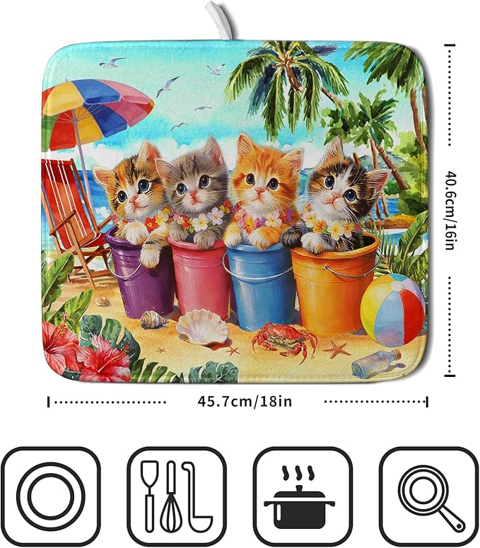 Lovely Cat Dish Drying Mat for Kitchen Counter Holiday Beach Absorbent Coffee Bar Mat 16 X 18 In - Image 2