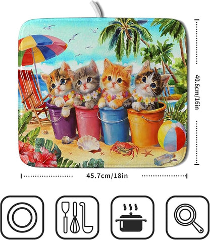 Lovely Cat Dish Drying Mat for Kitchen Counter Holiday Beach Absorbent Coffee Bar Mat 16 X 18 In - Image 2