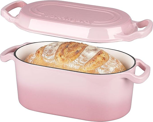 VORRINGARD Oval Dutch Oven Pot with Lid, Enamel Coating Cast Iron Bread Pans for Homemade Sourdough Bread Baking, Cooking, 4 Quart, Pink