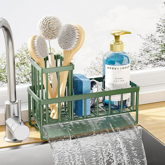 Kitsure Sponge Holder for Kitchen Sink - Rustproof Stainless Steel Sink Caddy Organization and Storage Essentials with High Brush Holder, Home Decor Accessories, 7.9" x 3.7" x 6.2", Sage Green by Kitsure