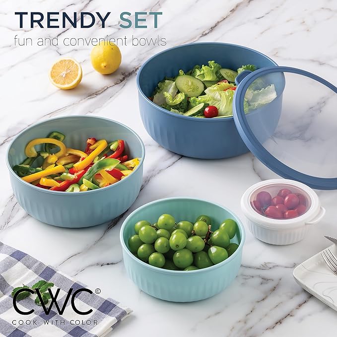 COOK WITH COLOR Prep Bowls with Lids- Wide and Deep Nesting Plastic Small Mixing Bowl Set with Lids, 12 Piece Set - Wide Bowls, Blue - Image 2