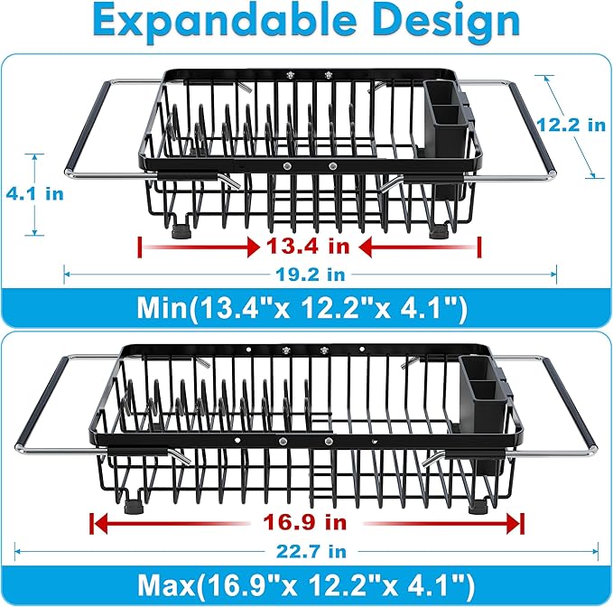 Expandable Stainless Steel Dish Drying Rack Over The Sink For Small Kitchen, Counter Space Saving Compact Black Metal Plate Drain Strainer, Adjustable Hanging In Sink Rust Proof Wire Dryer Holder - Image 2