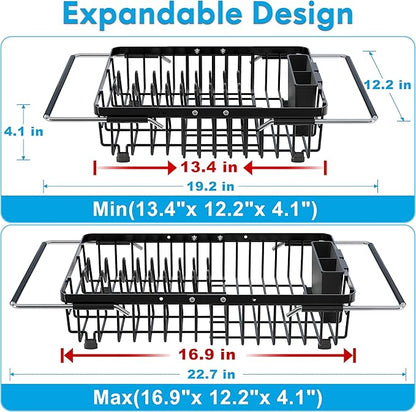 Expandable Stainless Steel Dish Drying Rack Over The Sink For Small Kitchen, Counter Space Saving Compact Black Metal Plate Drain Strainer, Adjustable Hanging In Sink Rust Proof Wire Dryer Holder - Image 2