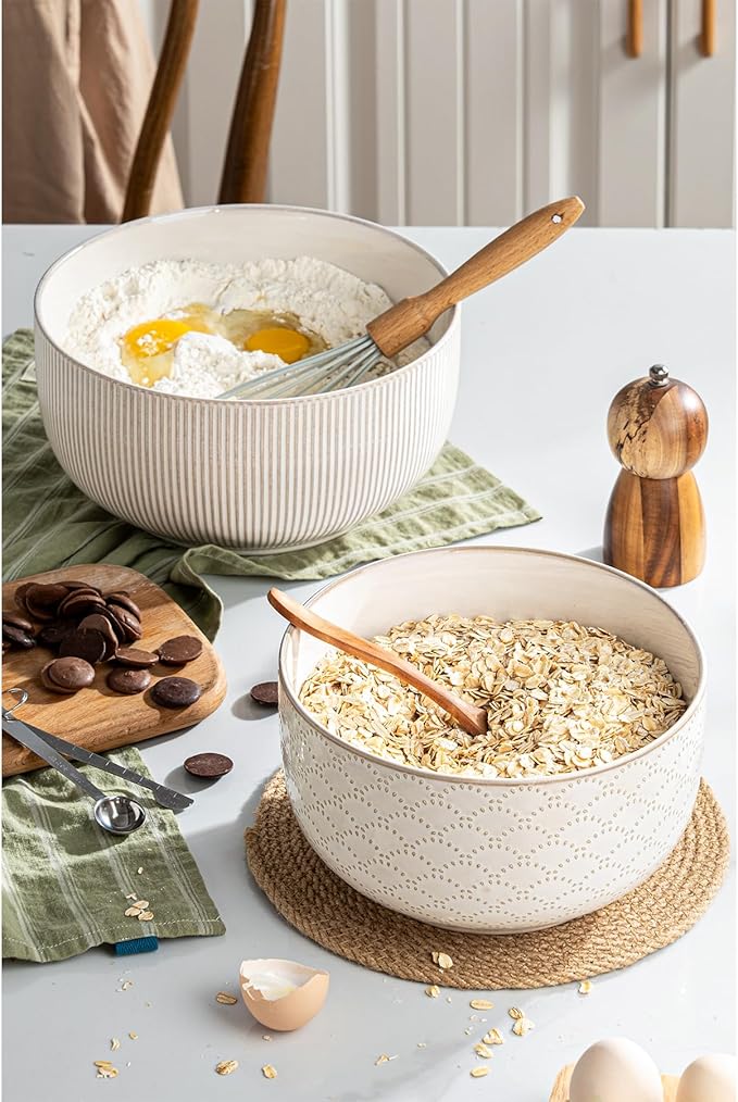 Mikiegy Ceramic Mixing Bowls Set of 2, Nesting Ceramic Embossment Stoneware Mixing Bowls for Cooking, Serving, Popcorn, Salad etc, Microwave & Dishwasher Safe, 98/145 oz, Off-White - Image 5