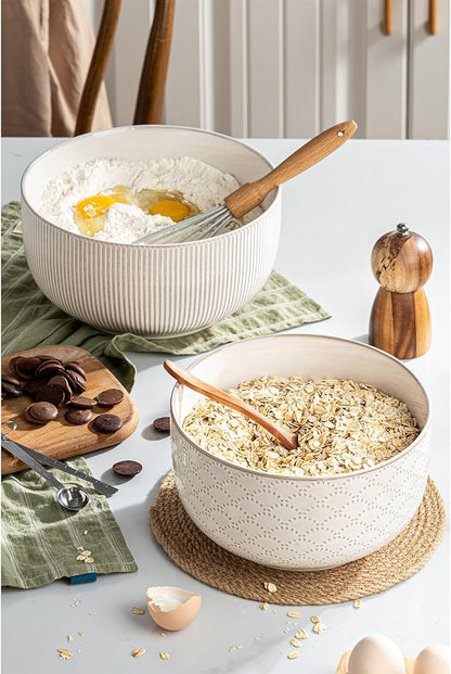 Mikiegy Ceramic Mixing Bowls Set of 2, Nesting Ceramic Embossment Stoneware Mixing Bowls for Cooking, Serving, Popcorn, Salad etc, Microwave & Dishwasher Safe, 98/145 oz, Off-White - Image 5