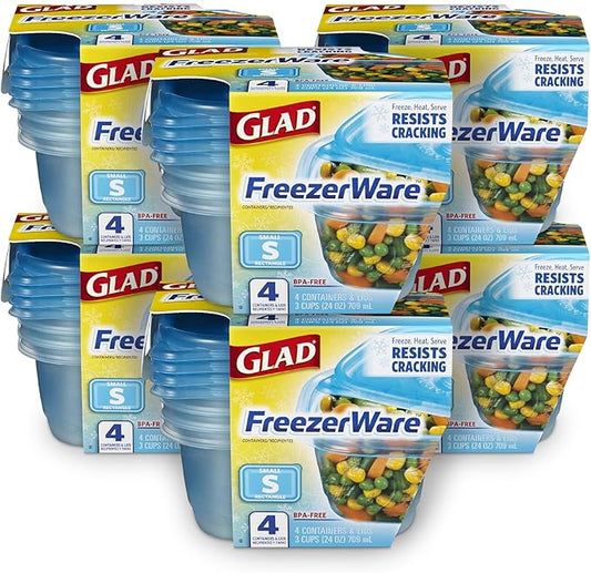 Glad GladWare FreezerWare Food Storage Containers with Lids, Small Rectangle BPA Free Plastic for Freezing Soups and Meal Prep, Crack Resistant, Microwave Dishwasher Safe, 24 Oz, 4 Count - 6 Pack