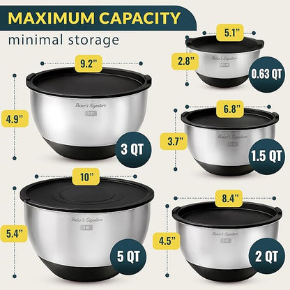 Baker's Signature Stainless Steel Mixing Bowls with Lids Set, 5 Sizes, 3 Graters, Non-Slip Base, Airtight Lids, Metal Mixing Bowls for Kitchen, Food Prep, Storage, 0.63QT-5QT, Black - Image 2