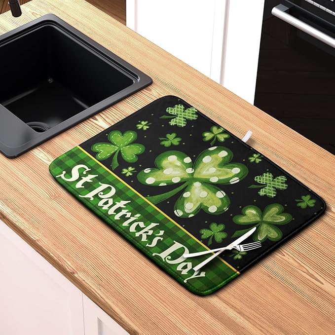 St Patrick's Day Dish Drying Mats for Kitchen Counter 16x18 Inch Lucky Clovers Shamrock Green Buffalo Plaid Drying Mat Microfiber Absorbent Dish Drying Pad Dish Drainer Rack Mats for Kitchen Sink - Image 6