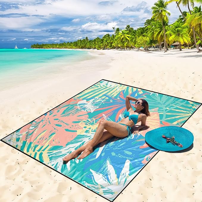WIWIGO Beach Blanket Waterproof Sandproof Beach Mat 79" X 83"/10'x9'for 2-8 Adults Quick Drying Outdoor Picnic Mat Beach Accessories for Travel, Camping, Hiking by WIWIGO
