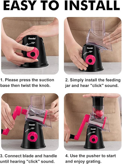 Geedel Rotary Cheese Grater, Kitchen Mandoline Vegetable Slicer with 3 Interchangeable Blades, Easy to Clean Rotary Grater Slicer for Fruit, Vegetables, Nuts - Image 7