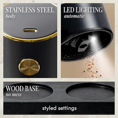 Electric Salt and Pepper Grinder Set Rechargeable – Black and Gold Salt and Pepper Shakers with USB-C Charging, Adjustable Grind, LED Light, One Touch Control, Stainless Steel Body