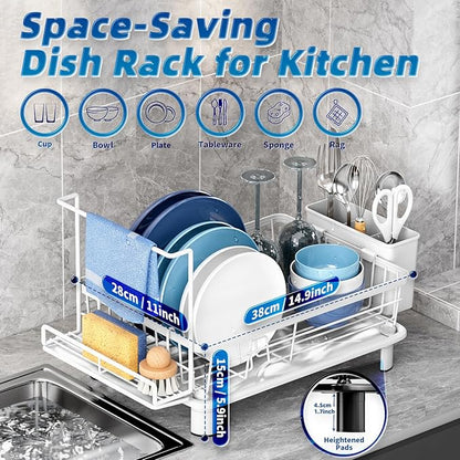 Dish Drying Rack, Stainless Steel-Dish Rack, Dish Racks for Kitchen Counter, Kitchen Dish Drainers with Removable Utensil Holder,New drain outlet,Plate Rack and Drainboard,(white 2 with Sponge Rack) - Image 2