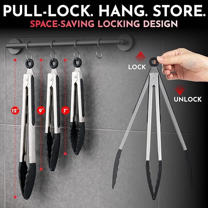 Kitchen Tongs with Silicone Tips Set of 3 Heat Resistant Tongs for Serving Food, 7-Inch, 9-Inch, 12-Inch Locking Silicone Tongs for Cooking, Salad Tong, Black Kitchen Utensils - Image 2