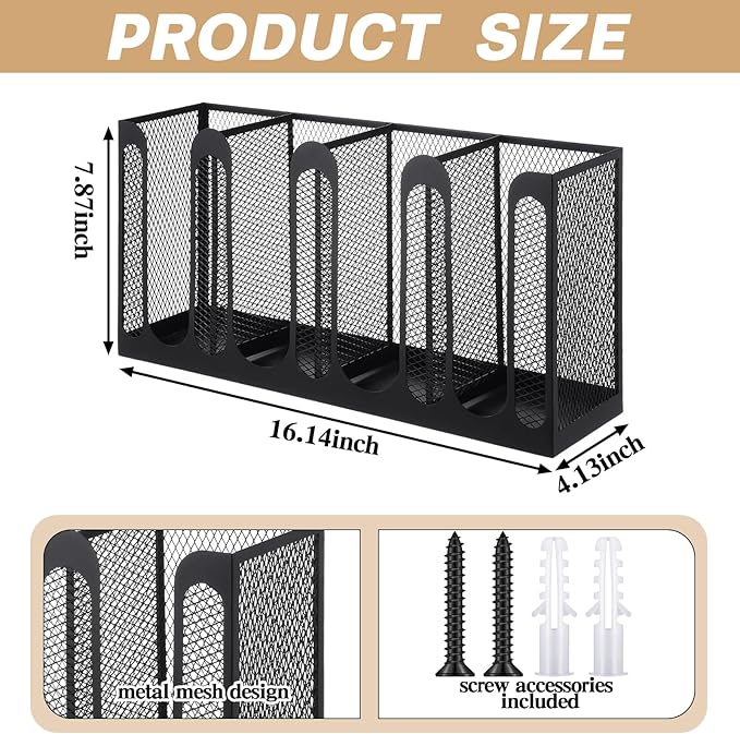 Maxcheck Metal Mesh Cup and Lid Holder Coffee Paper Cup Dispenser Lid Holder Storage Organizer Countertop or Wall Mount for Coffee Bar, Kitchen, Breakroom(4 Compartments,16.1 x 4.1 x 8 Inch)