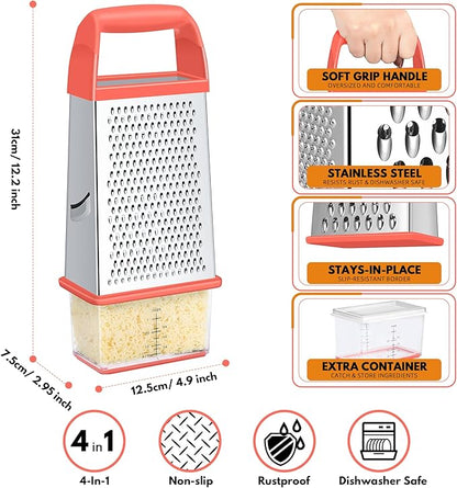 Urbanstrive Cheese Grater With Container, Professional Cheese Grater with Handle, Stainless Steel Graters for Kitchen Handheld, Box Grater with 4 Sides for Vegetables, Ginger, Potatoes (Coral) - Image 2