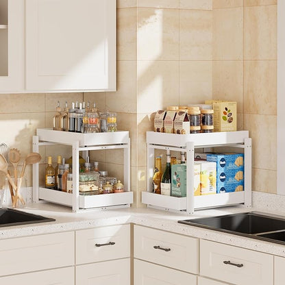 APRTAT 2 Pack Under Sink Organizer, Bamboo Wooden 2-Tier Pull-Out Storage with Sliding Drawers for Kitchen and Bathroom Cabinets, Easy Installation (White, 2 Packs)