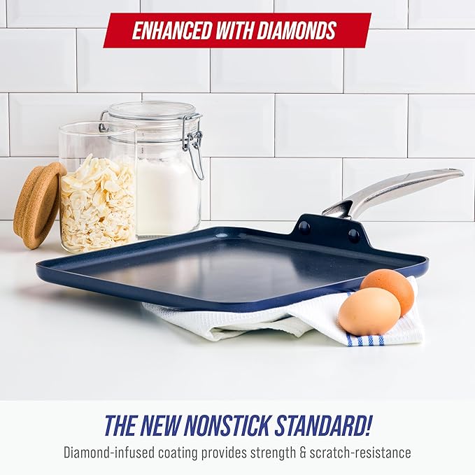 Blue Diamond 11" Nonstick Square Griddle Pan, Non Toxic PFAS-Free Diamond Ceramic, Dishwasher & Oven Safe, Even Heating, Metal Utensil Safe, Warp Control, Blue - Image 2