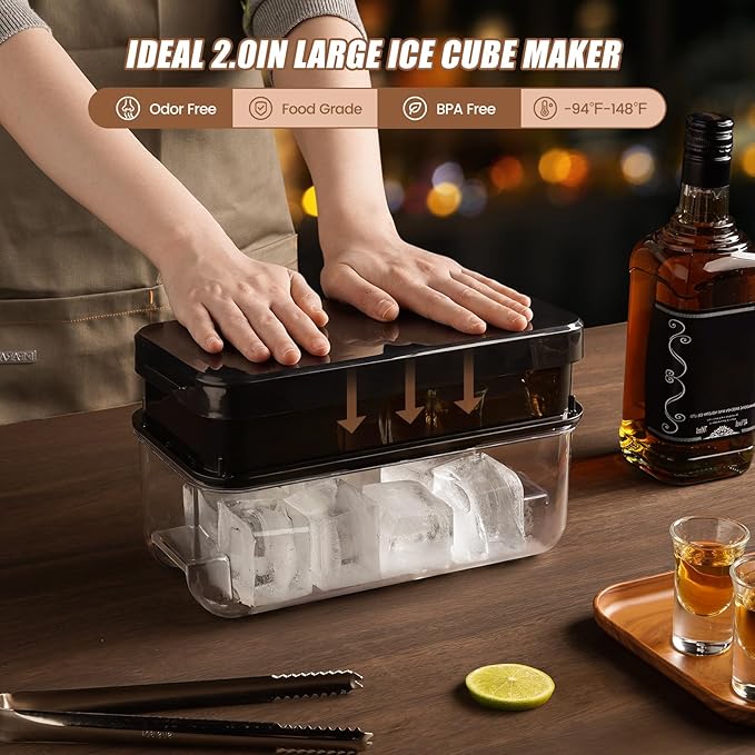 PHINOX Large Ice Cube Tray with Lid and Bin, Ice Trays for Freezer, 2 INCH Whiskey Ice Cubes Mold, 2*8 pcs Square Ice Cube Mold with Tong, Easy to Release, Large Ice Tray for Whiskey Cocktail Bourbon - Image 4