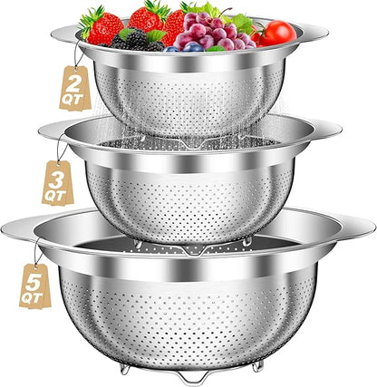 Colander, Stainless Steel Colander for Kitchen, 3Pcs Kitchen Gadget Food Strainer Basket with Handle, Kitchen Strainer Colanders Bowl for Pasta Noodles Spaghetti Vegetables Fruit (2QT, 3QT, 5QT) by AUFETQ