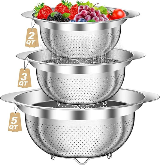 Colander, Stainless Steel Colander for Kitchen, 3Pcs Kitchen Gadget Food Strainer Basket with Handle, Kitchen Strainer Colanders Bowl for Pasta Noodles Spaghetti Vegetables Fruit (2QT, 3QT, 5QT) by AUFETQ