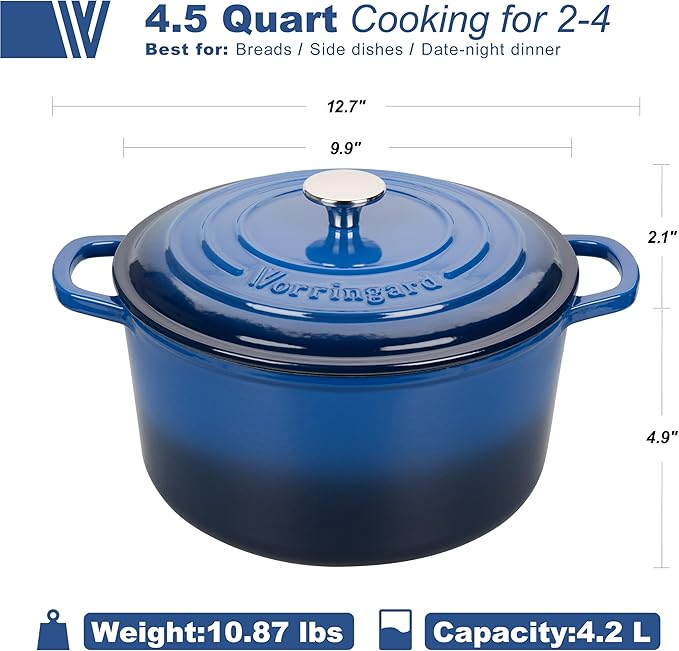 VORRINGARD Enameled Cast Iron Dutch Oven Pot with Lid, for Sourdough Bread Baking, Round Dutch Ovens, 4.5 Quart, Blue - Image 2