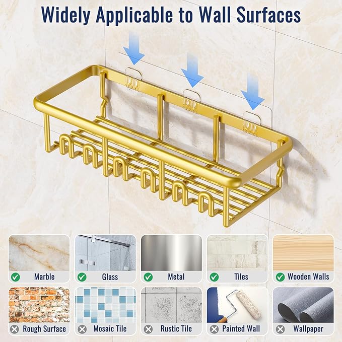 8 Pack Adhesive Rustproof Shower Shelves with Soap Dishes, Toothbrush Holder & Hooks, Large Capacity No-Drilling Shower Shelves Rack for Bathroom Organizers and Storage Accessories, Gold