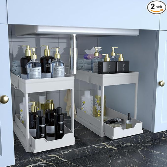DEKAVA Cabinet, 2 Pack Under Sink Organizer, 2 Tier Sliding Bathroom Kitchen Organizer, Large White ABS Baskets, Easy Install & Clean by DEKAVA