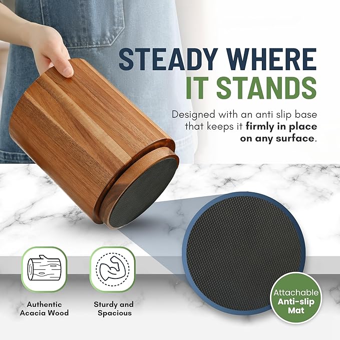 Linda's Essentials Acacia Wooden Utensil Holder for Kitchen Counter, 7.2" Wood Utensil Holder Counter, Kitchen Utensils Holder with 360° Rotation, Non-Slip Large Utensils Holders, Spatula Holders - Image 4