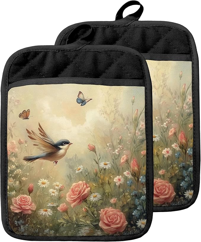 Rustic Floral Bird Pot Holders with Pockets, Cottagecore Wildflower Butterfly Oven Pot Holders Heat Resistant Oven Mitts Hot Pads for Kitchen Baking Cooking