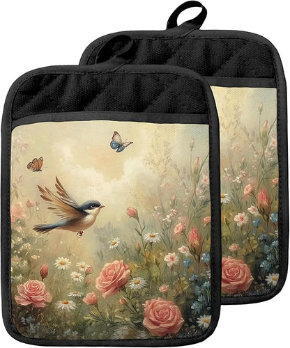 Rustic Floral Bird Pot Holders with Pockets, Cottagecore Wildflower Butterfly Oven Pot Holders Heat Resistant Oven Mitts Hot Pads for Kitchen Baking Cooking