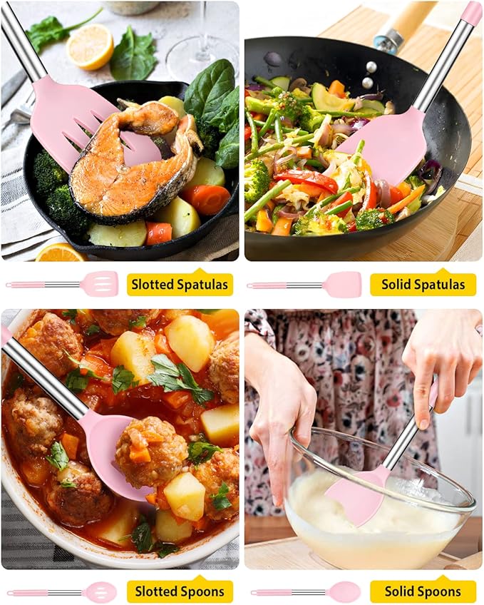 Pack of 4 Silicone Cooking Utensils Set, Non Stick Large Solid Spatulas, Heat Resistant Pink Slotted Spoons, Ideal BPA Free Kitchen Turners for Frying, Mixing,Serving,Draining,Turning,Stirring - Image 3