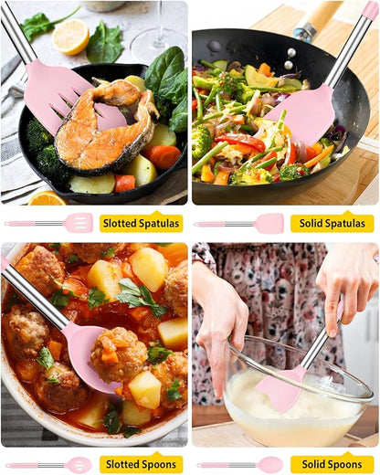 Pack of 4 Silicone Cooking Utensils Set, Non Stick Large Solid Spatulas, Heat Resistant Pink Slotted Spoons, Ideal BPA Free Kitchen Turners for Frying, Mixing,Serving,Draining,Turning,Stirring - Image 3