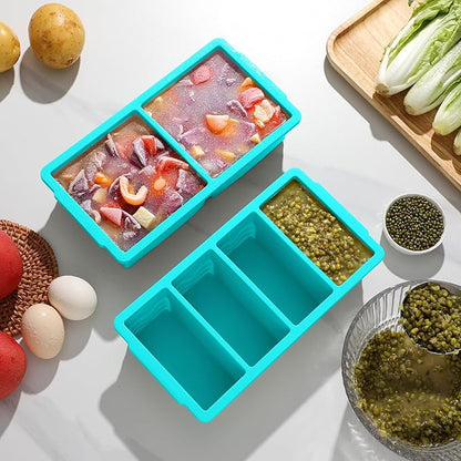 Silicone Freezer Molds for Soup with Lid, 1-Cup & 2-Cup Large Ice Cube Trays Food Storage Containers for Meal Prep, Freeze 500mL/250mL/125mL Portions – 4 Pack (1-Cup Green*2 & 2-Cup Blue * 2)