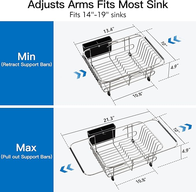 Apartment RV Small Dish Drainer Drying Rack Over The Sink In Stainless Steel for Narrow Kitchen, Counter Space Saving Compact Expandable Metal Plate Dryer Strainer, Modern Above Wire Drain Holder - Image 4