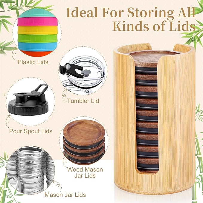 2 Pack Mason Jar Lid Organizer (Wide Mouth & Regular Mouth) Bamboo Ball Jar Wooden Storage Accessories for Home Kitchen Organization & Tumbler Lids, Fit Mason/Canning/Bamboo Lids - Image 6