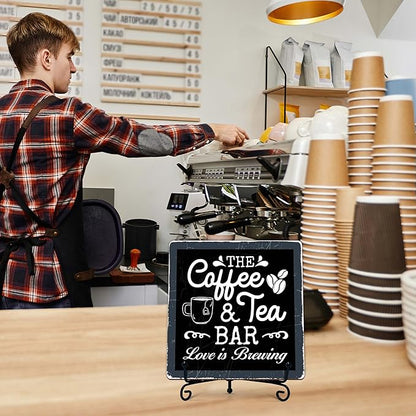 Coffee Bar Sign, Love is Brewing Farmhouse Tabletop Decor, Coffee and Tea Lover Gifts, 5x5 Wood Plaque with Iron Stand for Home Kitchen Cafe, Coffee Bar Decor – L03 - Image 5