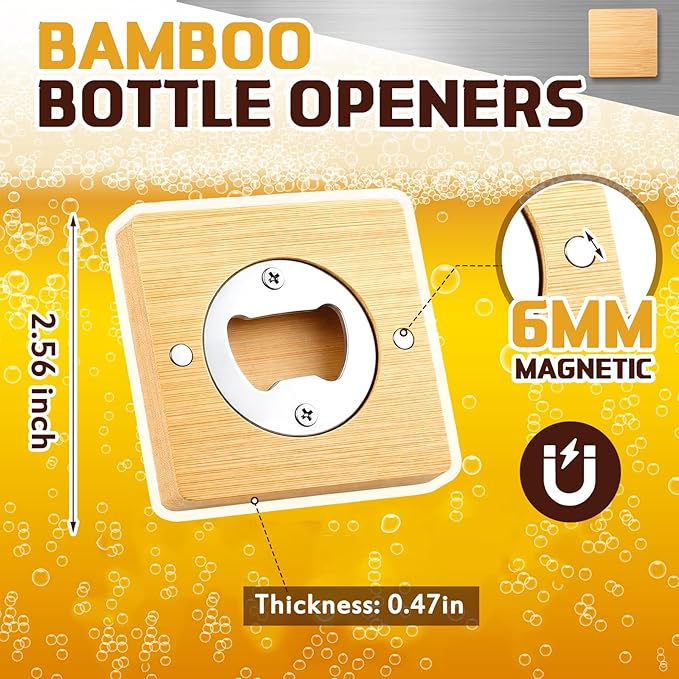 Vesici 24 Pcs Magnetic Bottle Opener 2.5in DIY Bamboo Square Shape Beer Openers Wooden Fridge Magnet Refrigerator Sticker Gift for Beer Lover Wedding Guest Kitchens Bars Parties - Image 2