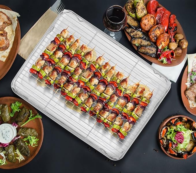 TeamFar Stainless Steel Baking Sheet, 17.6 x 13 x 1inch Half Baking Pan Cookie Sheets with Cooling Rack & 50PCS Parchment Papers for Baking/Roasting/Broiling, Healthy & Sturdy, Dishwasher Safe