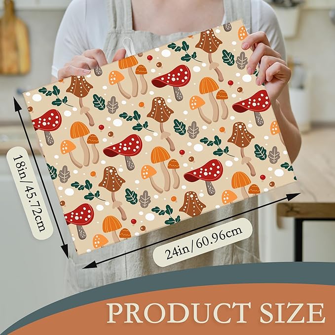 Funny Mushrooms Dish Drying Rack Mats Decor,Green Leaves Dish Pad Drying Mat Kitchen Counter 18x24 Inch Absorbent Reversible Microfiber for Coffee Bar Sink Countertop
