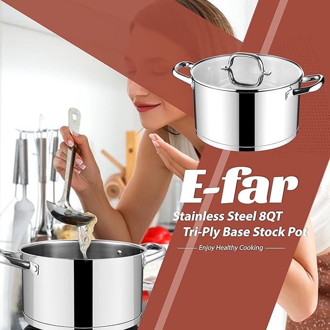 E-far Stainless Steel Stock Pot, 8 Quart Tri-ply Base Cooking Pot with Glass Lid, Induction Soup Pot Compatible with All Stoves, Nontoxic & Thick Bottom, Oven & Dishwasher Safe - Image 7