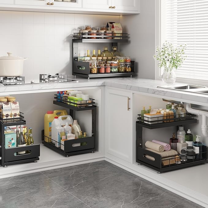 Under Sink Organizer Upgrade To Professional Rails,2-Tier Dual Pull Out Cabinet Storage,Height Adjustable Slide Out Drawers For Bathroom Kitchen,2 Pack-14.5"Dx12.8"-16.9"H,Black - Image 4